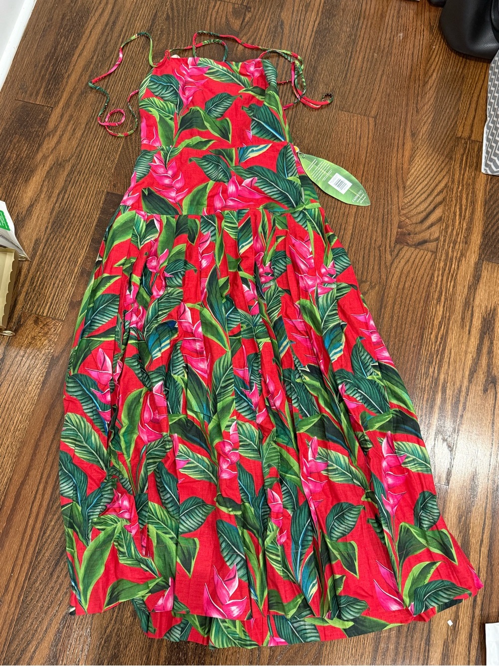 FARM Rio Red Tropical Maxi Dress with Green Leaf Print